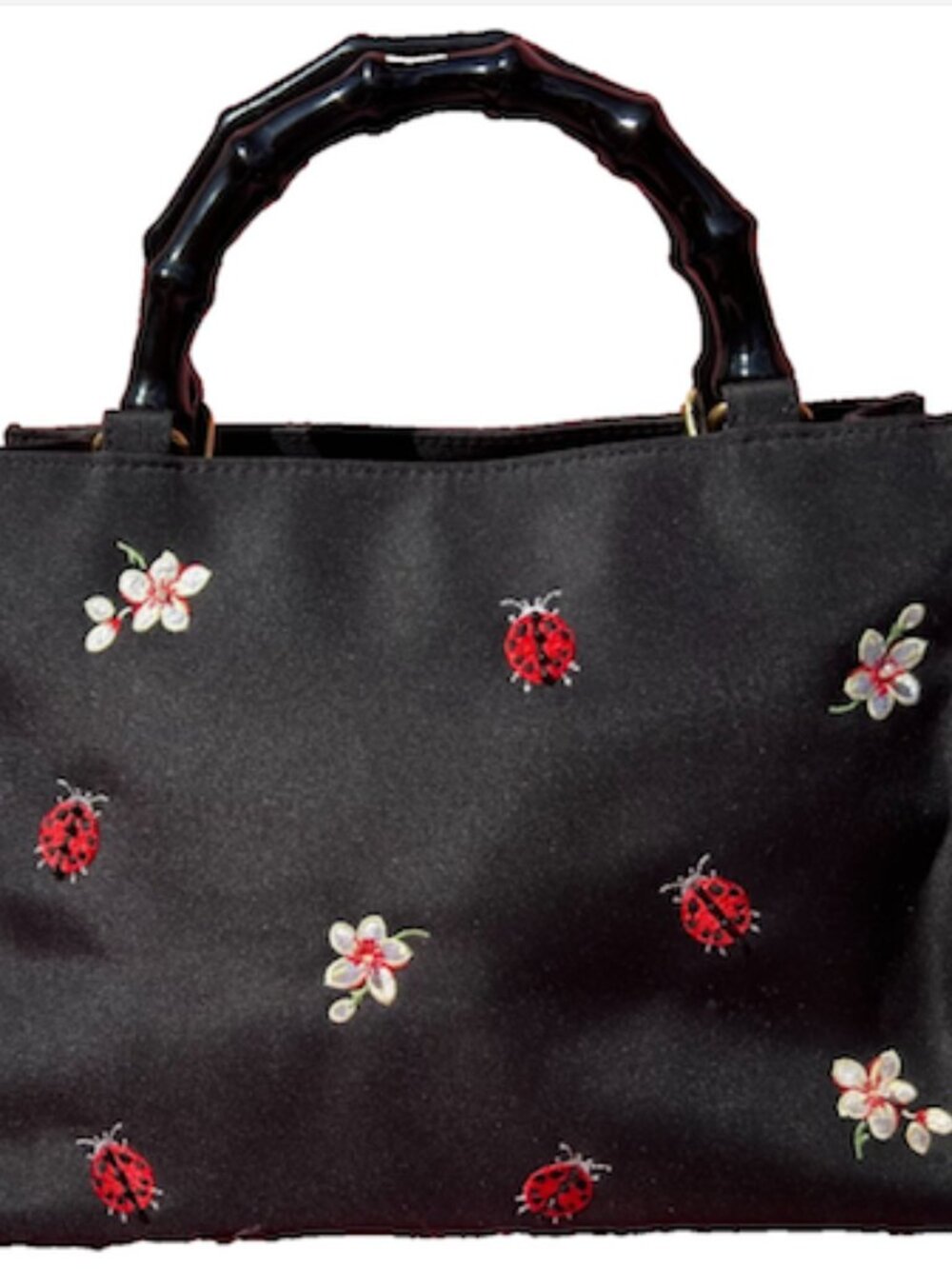 Tianni Vintage Whimsical Black Satin Embroidered Ladybug & Flower Handbag